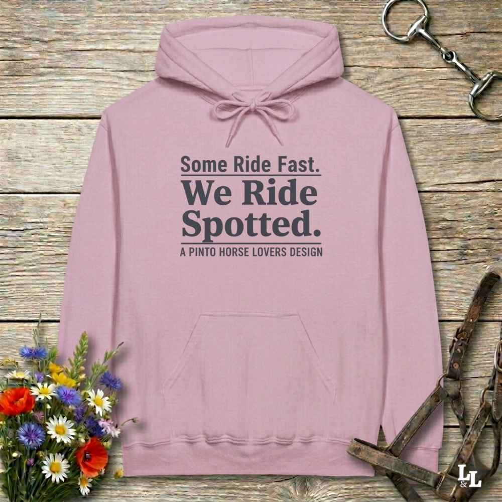 pink We Ride Spotted Hoodie for Pinto Horse Lovers, Cozy Barn Wear Hoodie