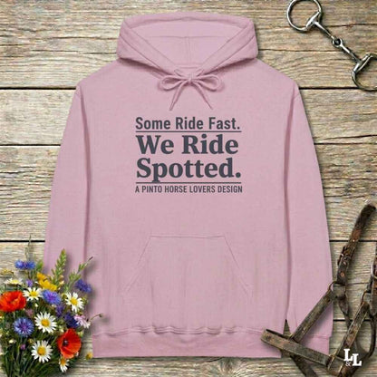pink We Ride Spotted Hoodie for Pinto Horse Lovers, Cozy Barn Wear Hoodie