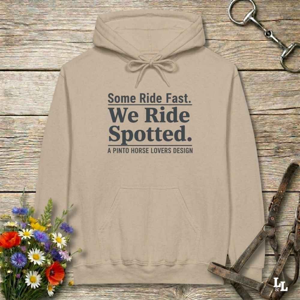 beige We Ride Spotted Hoodie for Pinto Horse Lovers, Cozy Barn Wear Hoodie