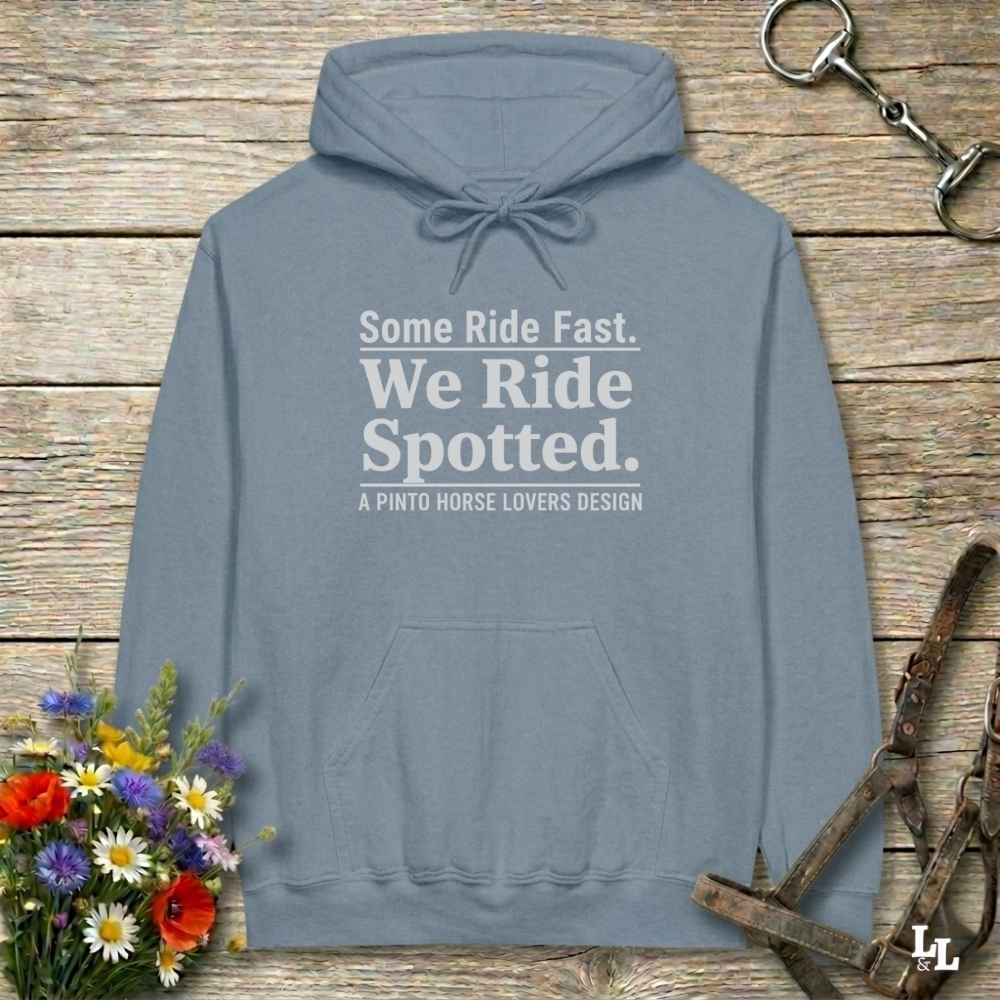 blue We Ride Spotted Hoodie for Pinto Horse Lovers, Cozy Barn Wear Hoodie