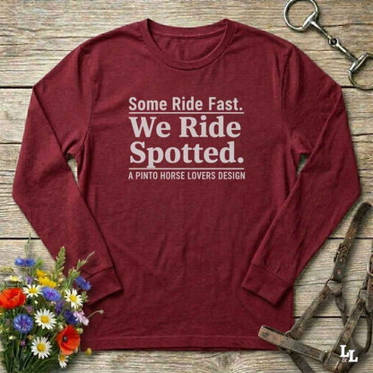 red We Ride Spotted Long Sleeve Tee for Pinto Horse Lovers, Trail Riding Tee