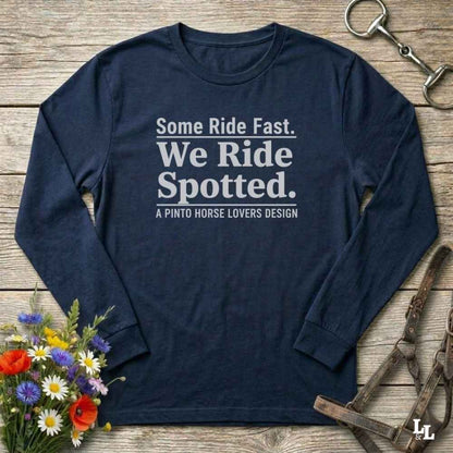 navy blue We Ride Spotted Long Sleeve Tee for Pinto Horse Lovers, Trail Riding Tee