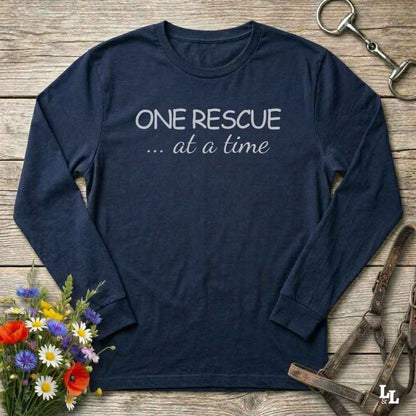 A navy blue long-sleeve t-shirt with the text 'ONE RESCUE at at ime'