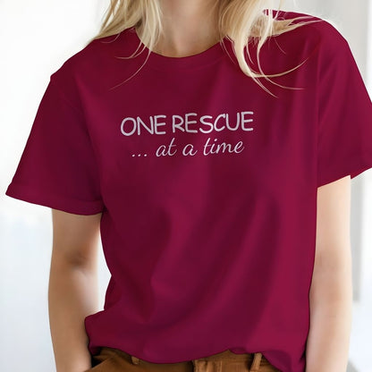 Maroon t-shirt with 'ONE RESCUE ... at a time' text worn by a person on a white background. One Rescue at a Time T-Shirt Just Giving Tee, for Horse Lovers, Trail Riding Tee