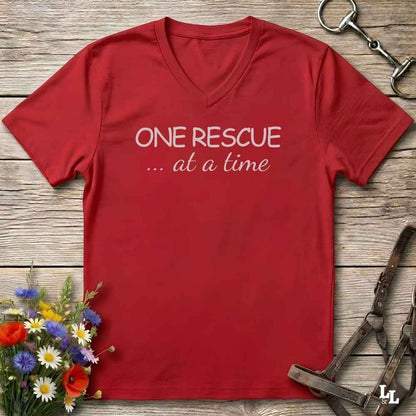 A red V-neck t-shirt with the text 'ONE RESCUE at a time'