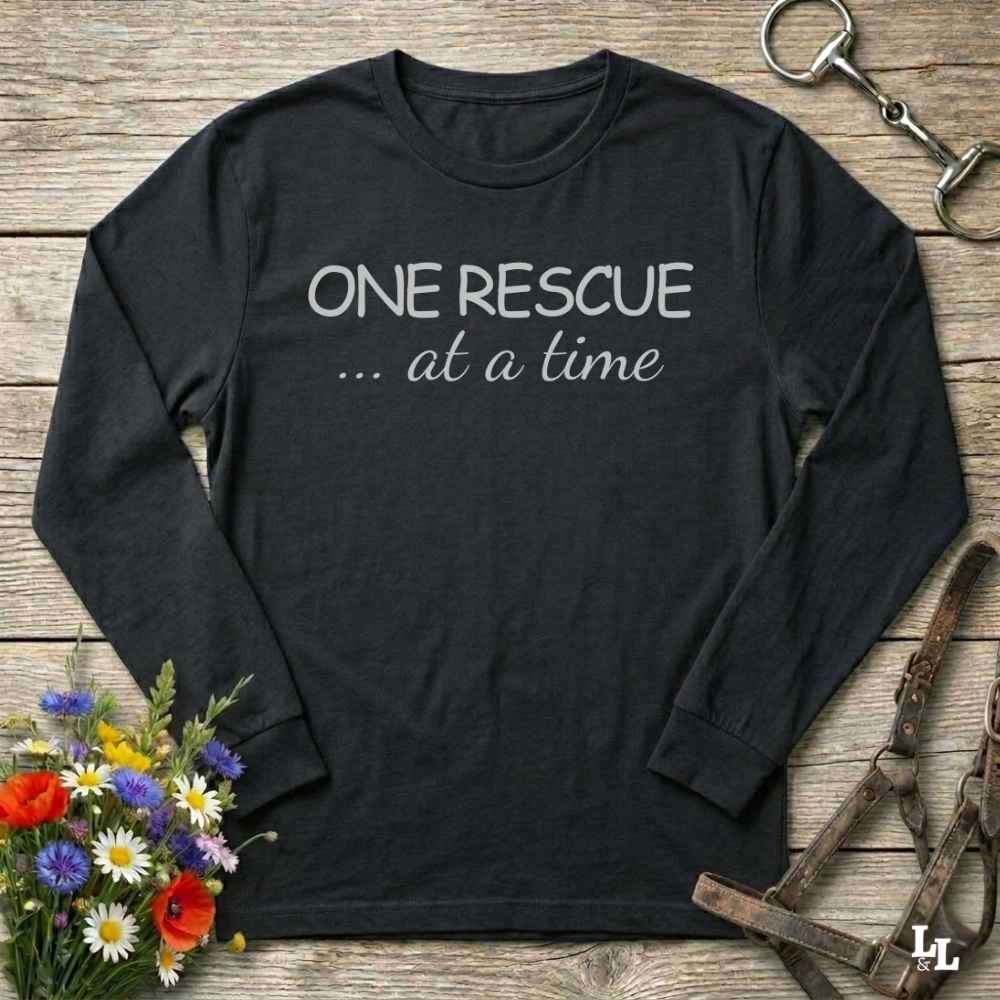 black One Rescue at a Time Long Sleeve Tee for Horse Lovers, Trail Riding Tee