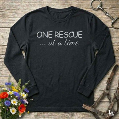black One Rescue at a Time Long Sleeve Tee for Horse Lovers, Trail Riding Tee