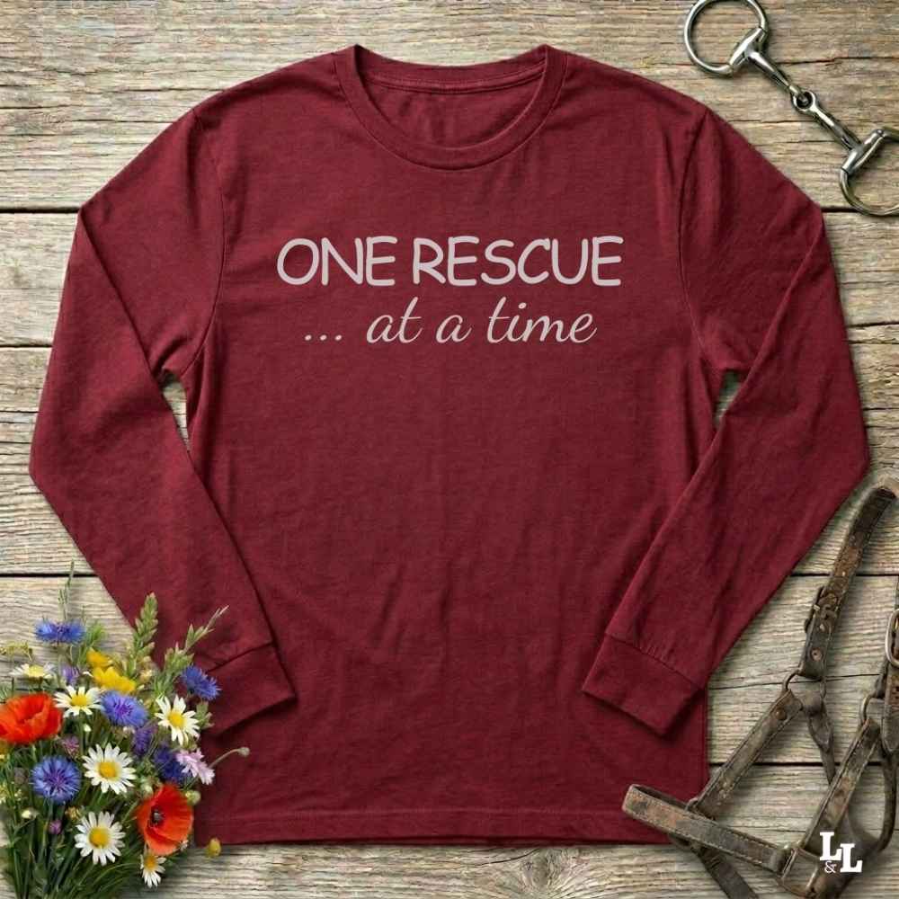 red One Rescue at a Time Long Sleeve Tee for Horse Lovers, Trail Riding Tee