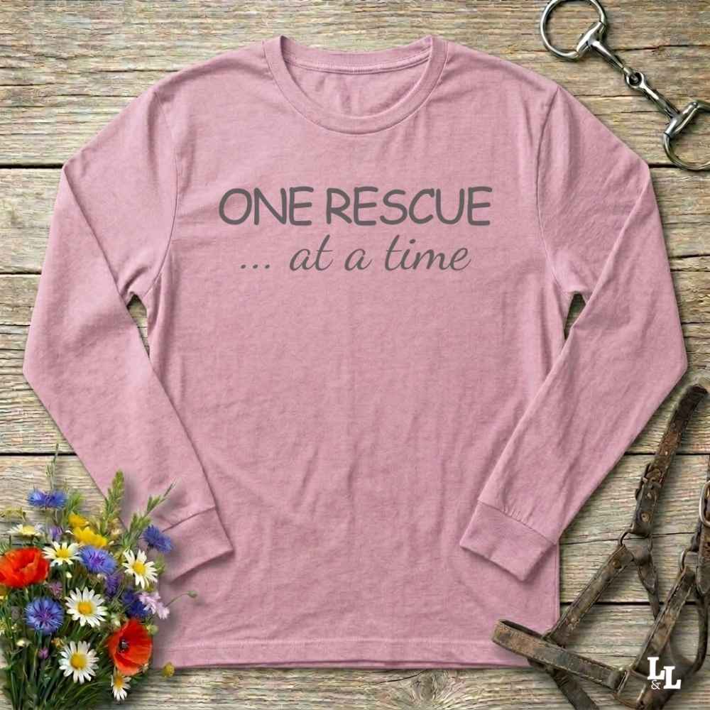 pink One Rescue at a Time Long Sleeve Tee for Horse Lovers, Trail Riding Tee
