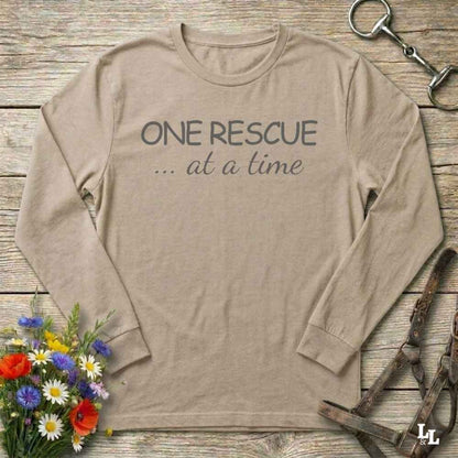 beige One Rescue at a Time Long Sleeve Tee for Horse Lovers, Trail Riding Tee