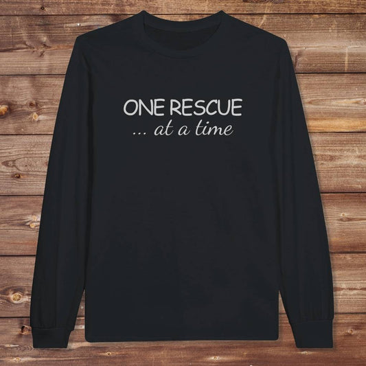 Black One Rescue at a Time Long Sleeve Tee for Horse Lovers, Trail Riding Tee