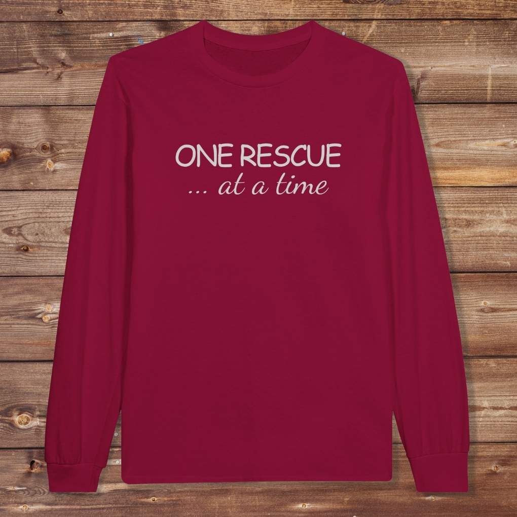 Red One Rescue at a Time Long Sleeve Tee for Horse Lovers, Trail Riding Tee