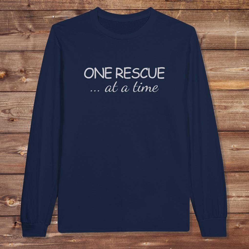Navy Blue One Rescue at a Time Long Sleeve Tee for Horse Lovers, Trail Riding Tee