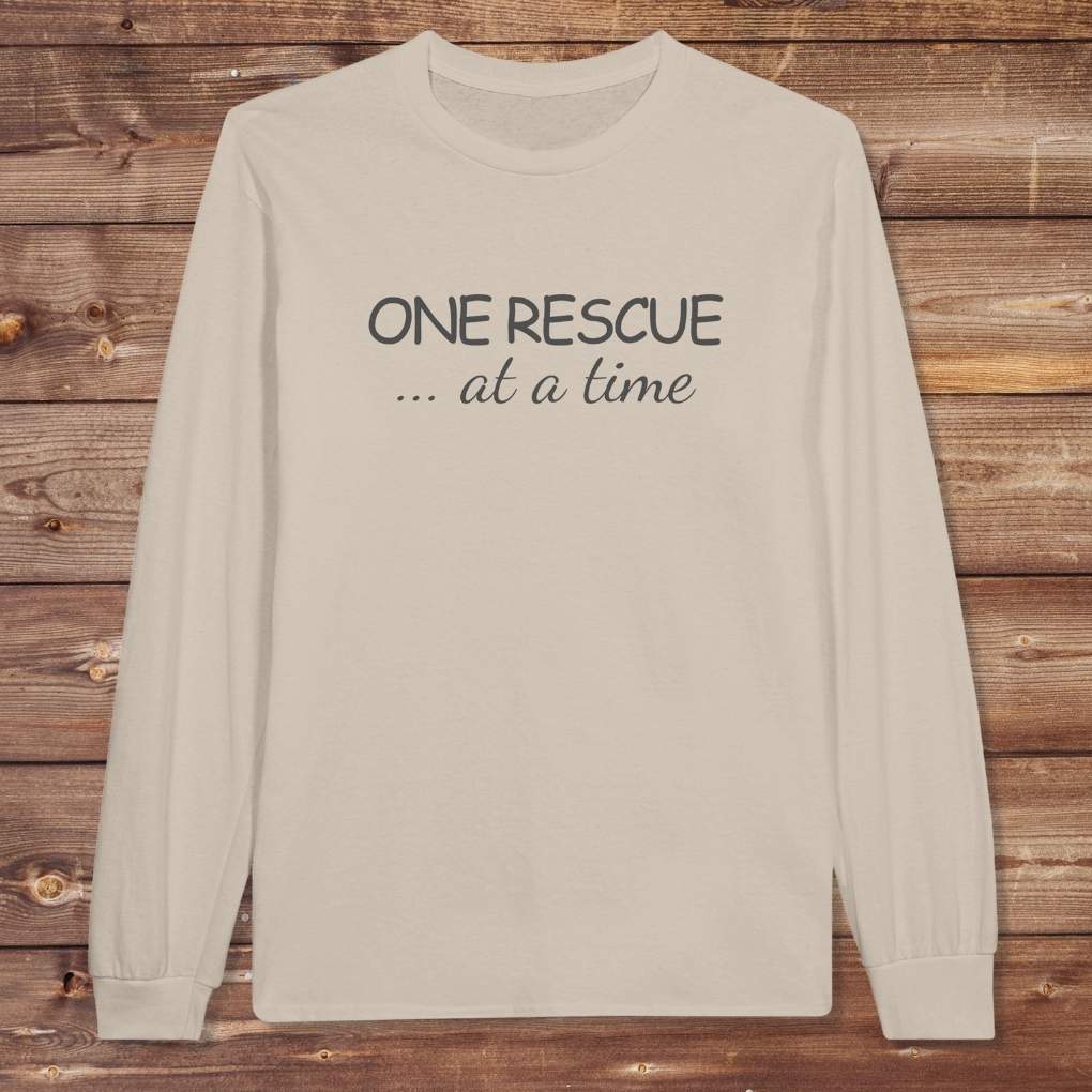 Beige One Rescue at a Time Long Sleeve Tee for Horse Lovers, Trail Riding Tee