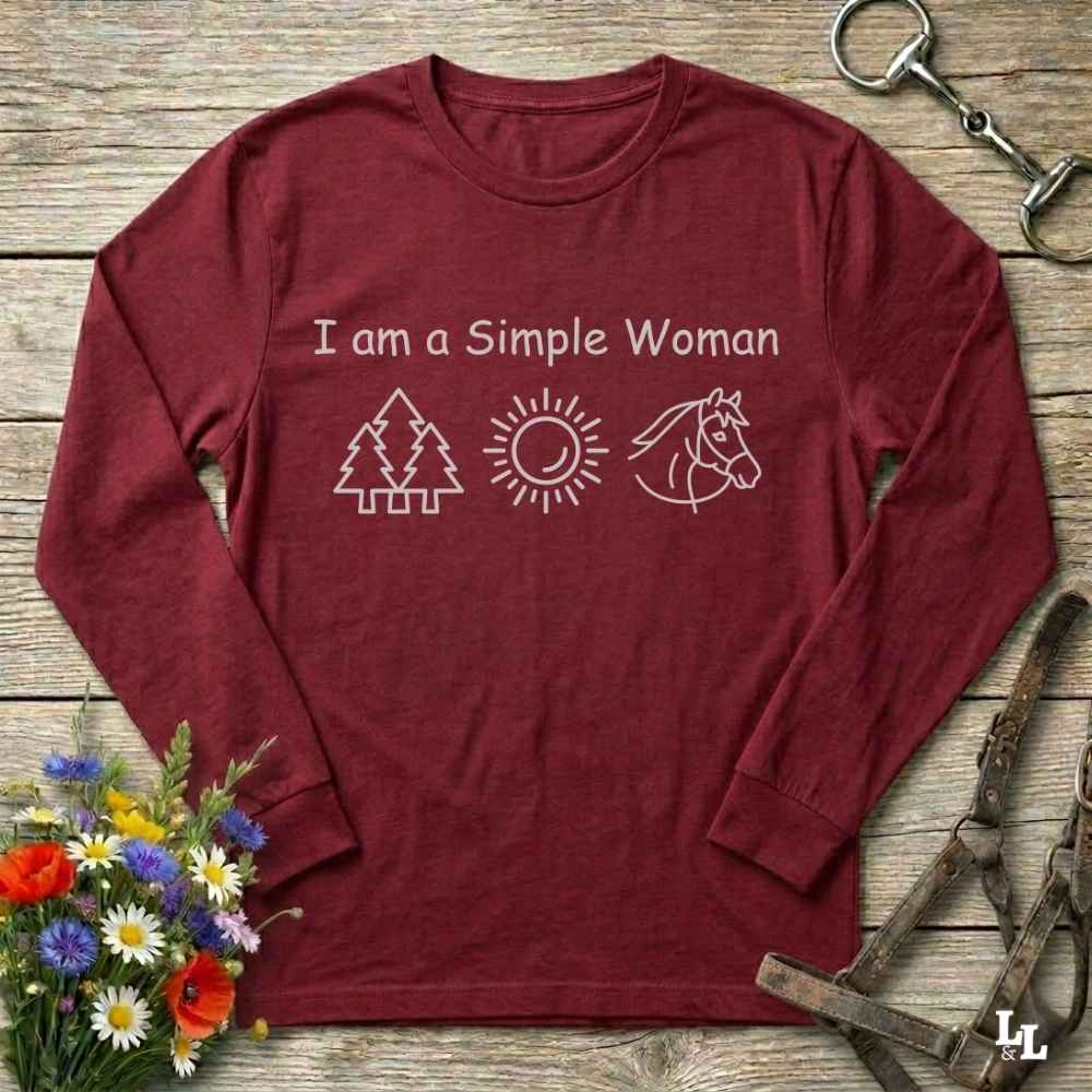 red I am a Simple Woman Long Sleeve Tee for Horse Lovers, Equestrian Wear, Trail Riding Tee