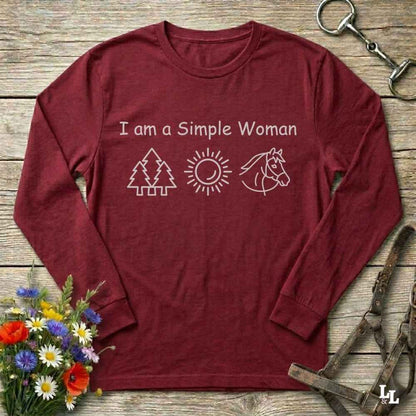 red I am a Simple Woman Long Sleeve Tee for Horse Lovers, Equestrian Wear, Trail Riding Tee