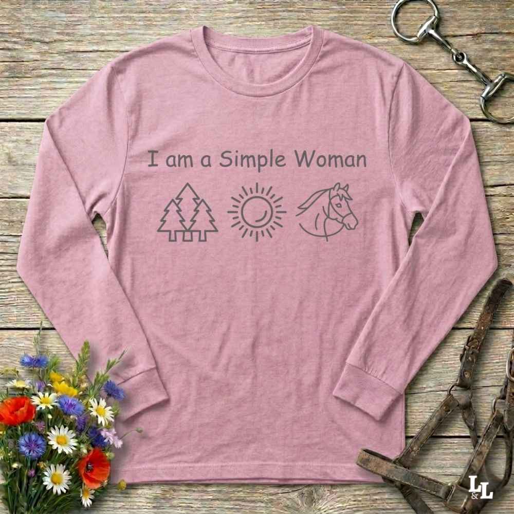pink I am a Simple Woman Long Sleeve Tee for Horse Lovers, Equestrian Wear, Trail Riding Tee