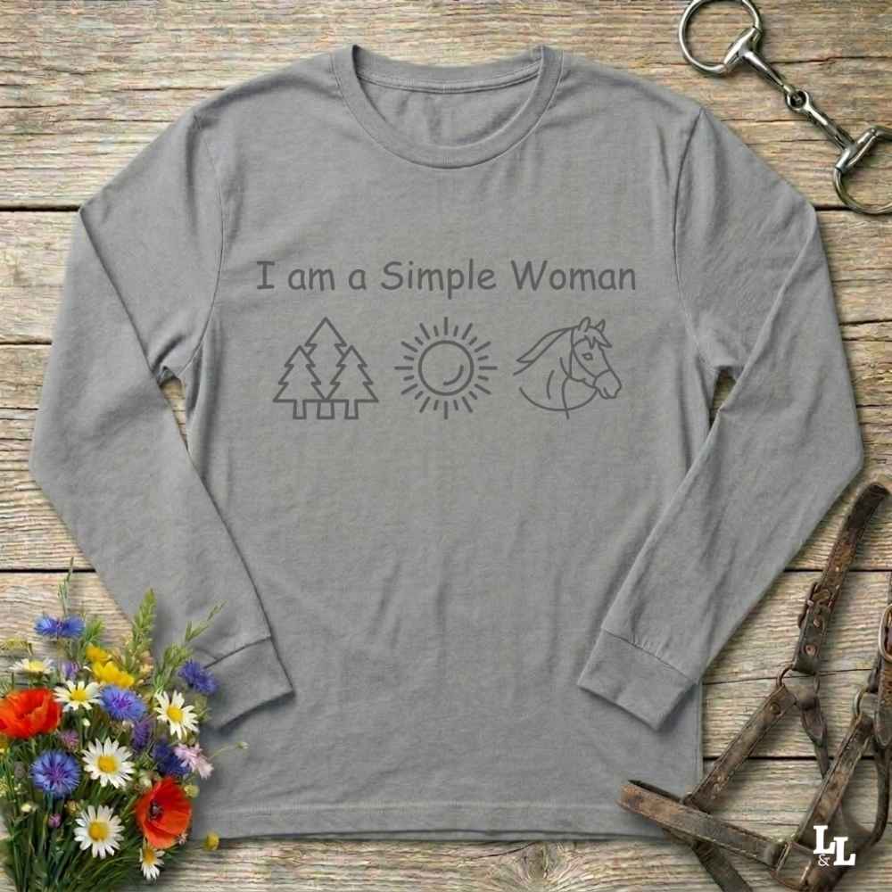 gray I am a Simple Woman Long Sleeve Tee for Horse Lovers, Equestrian Wear, Trail Riding Tee