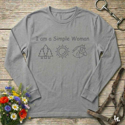 gray I am a Simple Woman Long Sleeve Tee for Horse Lovers, Equestrian Wear, Trail Riding Tee