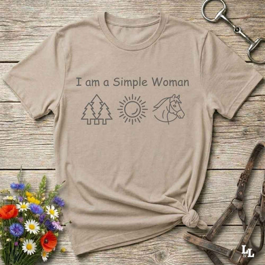 beige I am a Simple Woman T-Shirt for Horse Lovers, Horse Riding Tee, Equestrian Wear