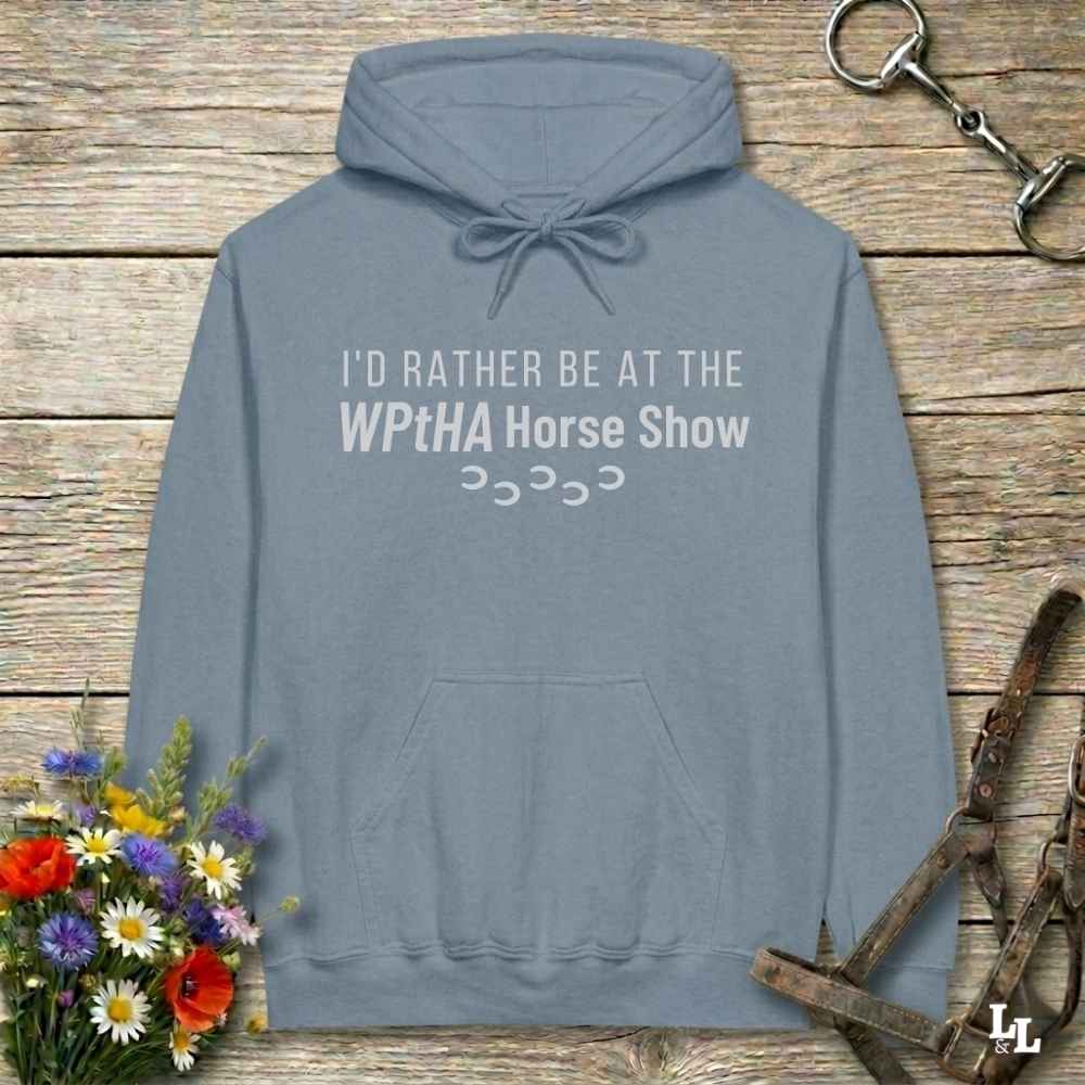 blue  I'd Rather be at the WPtHA Horse Show Hoodie for Pinto Horse Lovers, fund raising tee for Wisconsin Pinto Horse Association