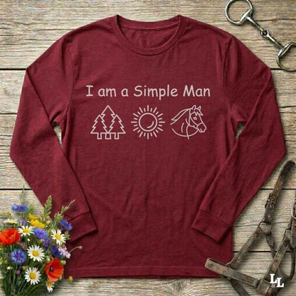 red  I am a Simple Man Long Sleeve Tee for Horse Lovers, Trail Riding Tee or Barn Wear