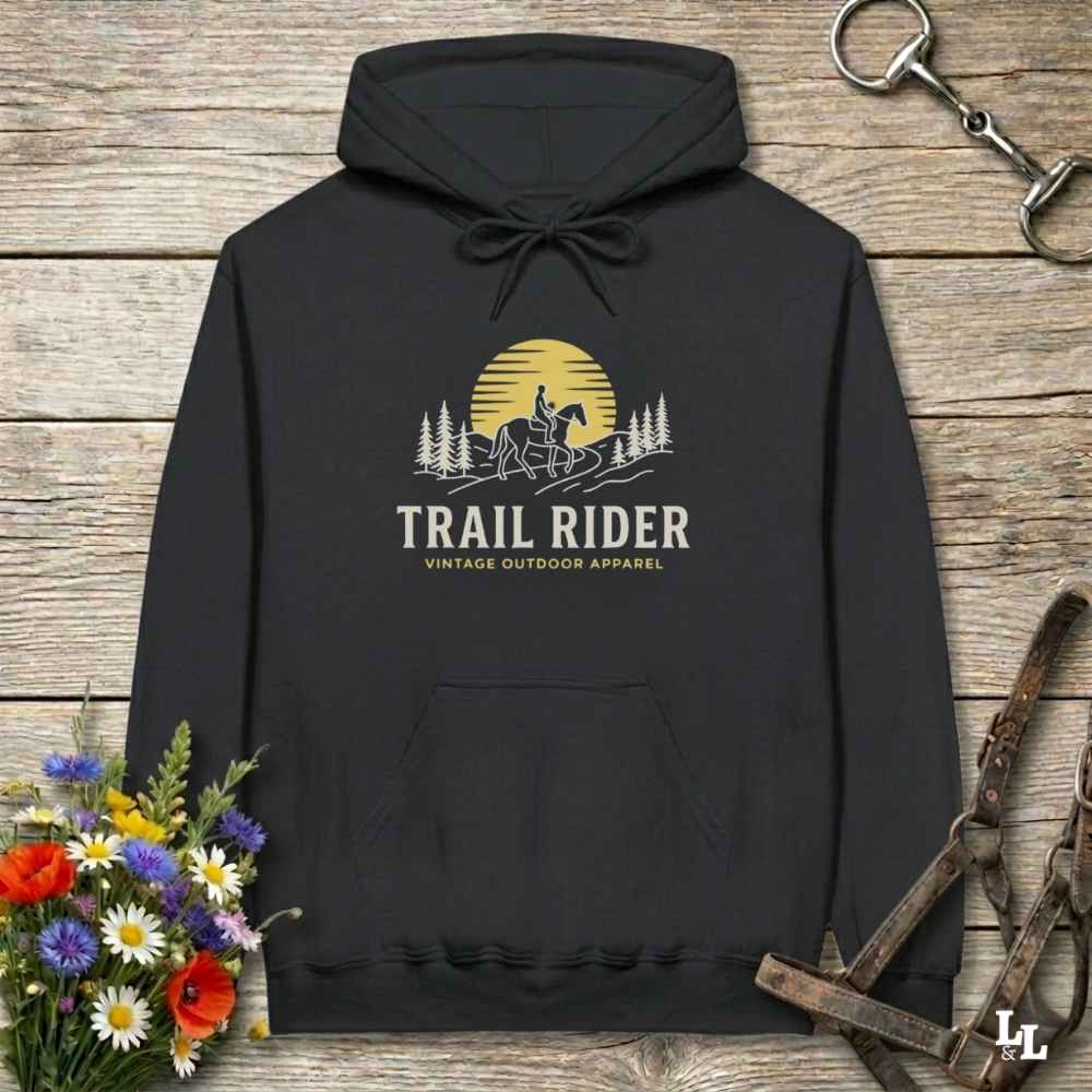 black Trail Rider Hoodie for Horse Lovers, Equestrian wear for Horse Riders, Trail Riding Hoodie