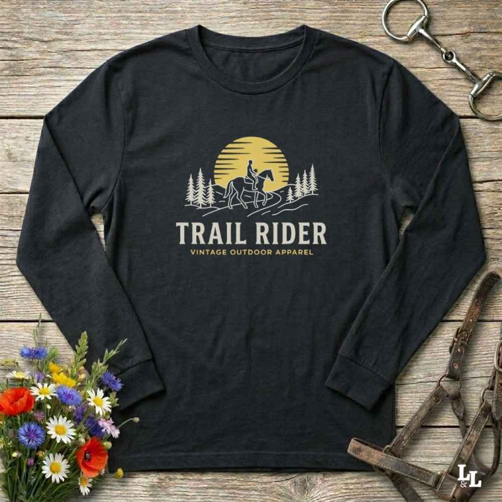 black Trail Rider Long Sleeve Tee for Horse Lovers, Trail Riding Tee, Equestrian Wear