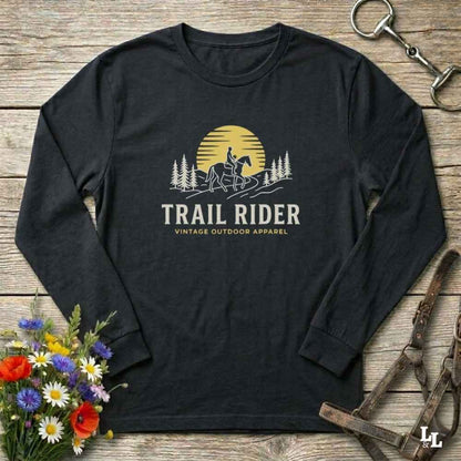 black Trail Rider Long Sleeve Tee for Horse Lovers, Trail Riding Tee, Equestrian Wear