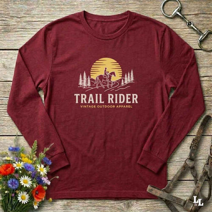 red Trail Rider Long Sleeve Tee for Horse Lovers, Trail Riding Tee, Equestrian Wear