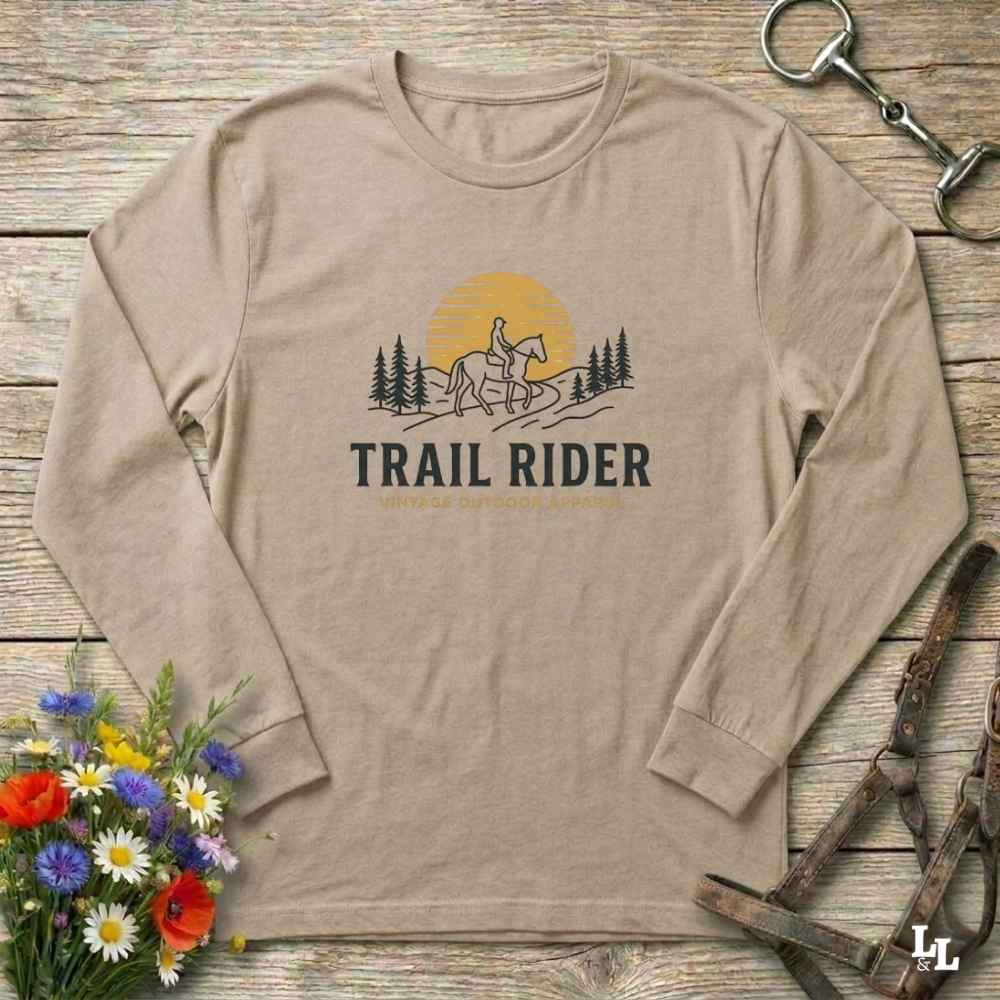 beige Trail Rider Long Sleeve Tee for Horse Lovers, Trail Riding Tee, Equestrian Wear