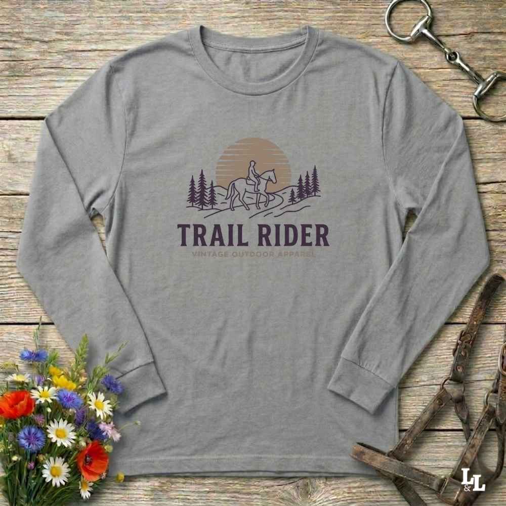 gray Trail Rider Long Sleeve Tee for Horse Lovers, Trail Riding Tee, Equestrian Wear