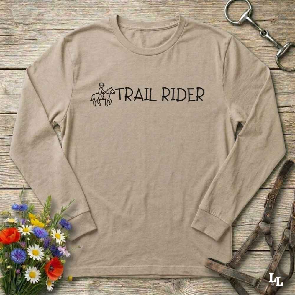 beige Trail Rider Long Sleeve Tee for Horse Riders, Trail Riding Sweatshirt Equestrian Wear