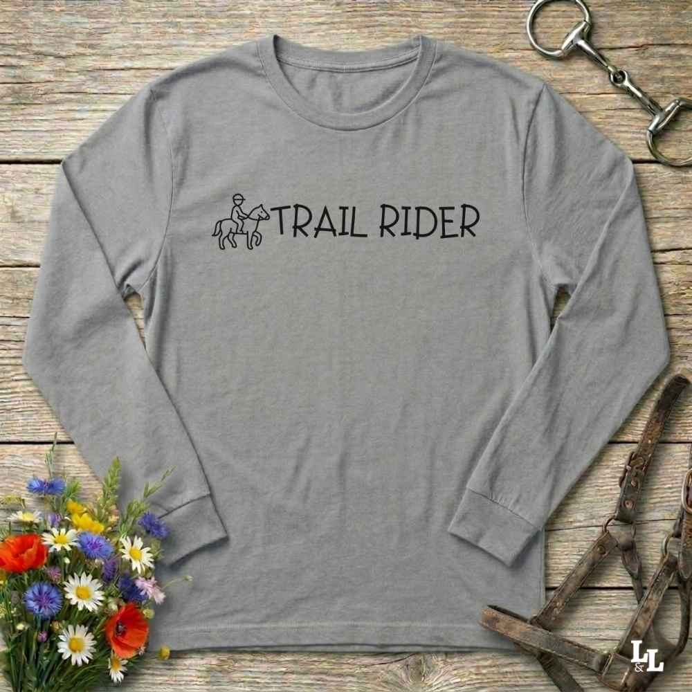 gray Trail Rider Long Sleeve Tee for Horse Riders, Trail Riding Sweatshirt Equestrian Wear