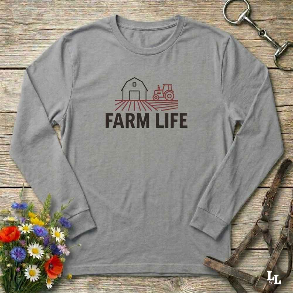 gray Farm Life Long Sleeve Tee for Horse Riders, Farmer Sweatshirt, Equestrian Apparel