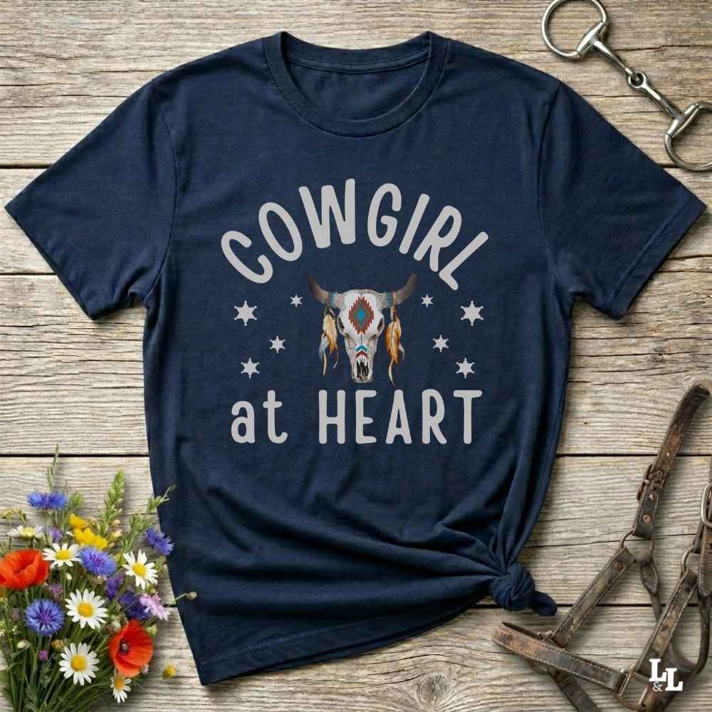navy blue Cowgirl at Heart T-Shirt, Essential Barn Tee for Horse Lovers, Equestrian Apparel.