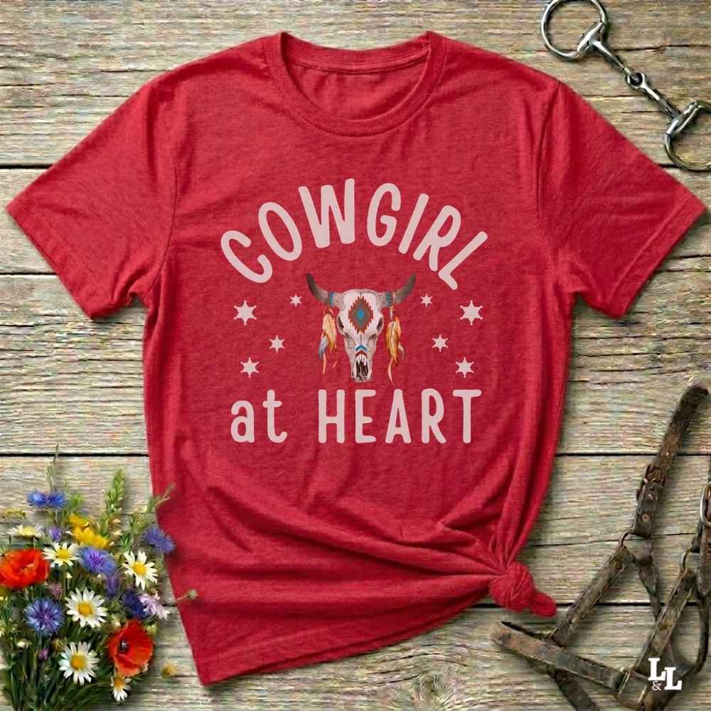 red Cowgirl at Heart T-Shirt, Essential Barn Tee for Horse Lovers, Equestrian Apparel.