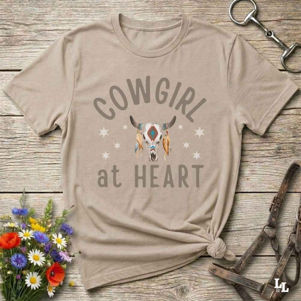beige Cowgirl at Heart T-Shirt, Essential Barn Tee for Horse Lovers, Equestrian Apparel.