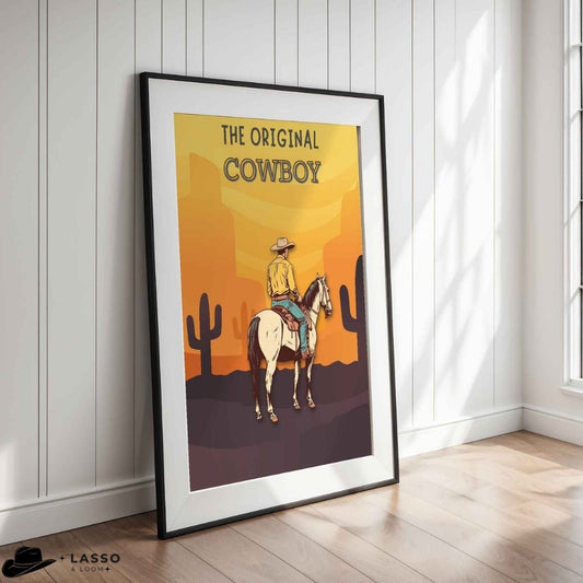 Framed poster of a cowboy on a horse with 'The Original Cowboy' text, leaning against a white paneled wall.