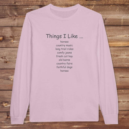 Pink Things I Like Long Sleeve Tee for Horse Riders, Outdoor Wear Equestrian Apparel