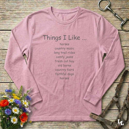 pink  Things I Like Long Sleeve Tee for Horse Riders, Outdoor Wear Equestrian Apparel