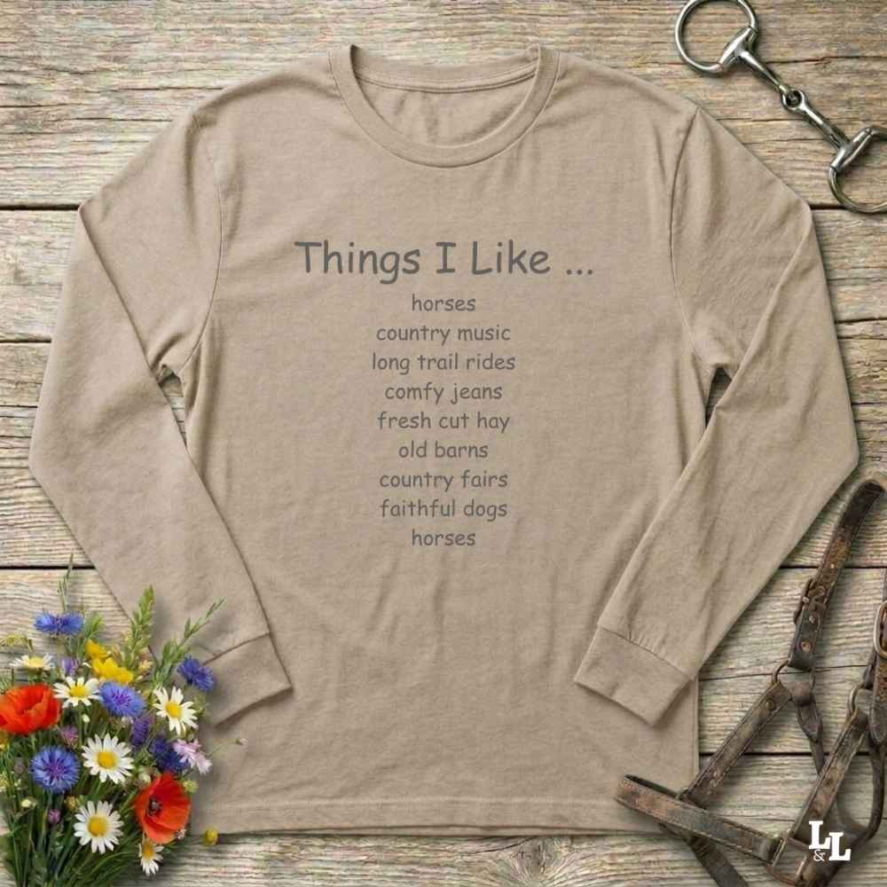 beige  Things I Like Long Sleeve Tee for Horse Riders, Outdoor Wear Equestrian Apparel
