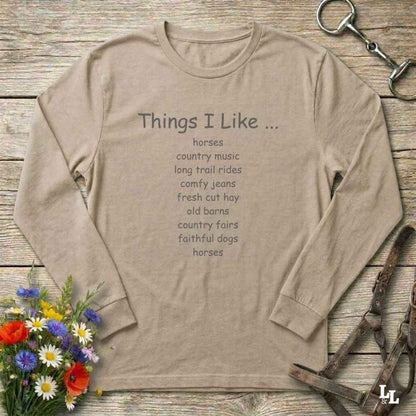 beige  Things I Like Long Sleeve Tee for Horse Riders, Outdoor Wear Equestrian Apparel