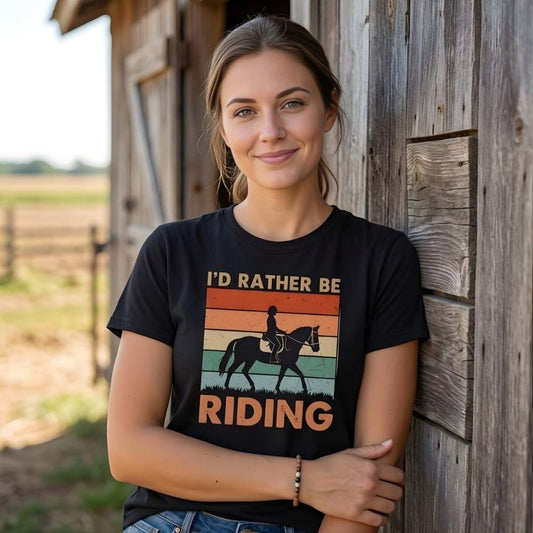 Woman wearing a t-shirt with 'I'd Rather Be Riding' graphic standing next to a wooden building.  I'd Rather be Riding T-Shirt for Horse Riders, Trail Riding Tee, perfect gift for horse lovers