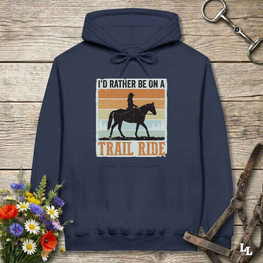 navy blue I'd Rather be on a Trail Ride Hoodie for Horse Riders, Cozy Barn Wear for Trail Riding. Perfect gift for horse lover, Equestrian apparel.