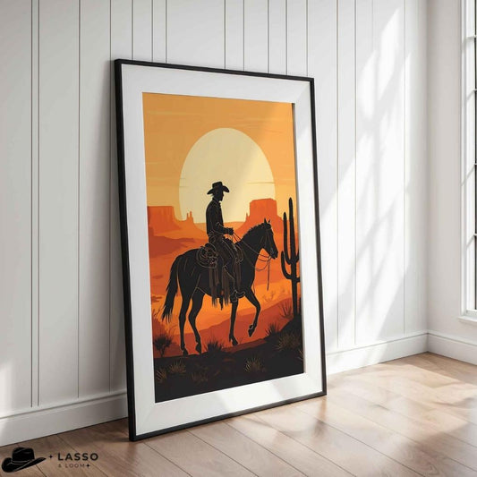 Framed artwork of a cowboy on horseback with a desert landscape and sunset, displayed on a wall. Vintage Western Poster.