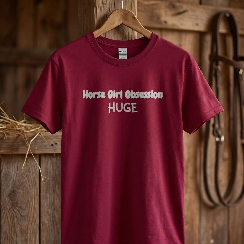Maroon t-shirt with 'Horse Girl Obsession HUGE' text hanging in a barn. Horse Girl Obsession T-Shirt for Horse Lovers, Trail Riding Tee, Equestrian Wear, perfect gift for horse riders, birthday present for horse lovers, mothers day gift for horse lovers, xmas gift for horse riders