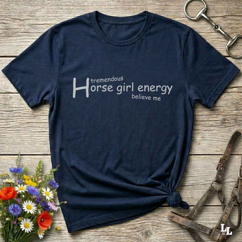 navy blue Horse Girl Energy T-Shirt gift for Horse Riders, Horse Lover Tee, Trail Riding Top. Perfect gift for horse lover, gift for mothers day, xmas gift for horse riders.