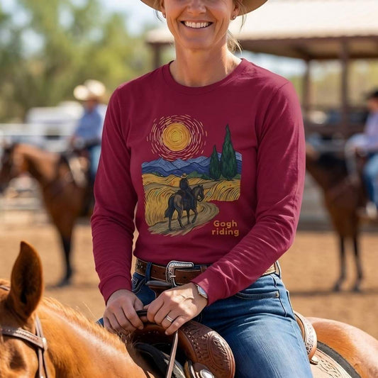 Person riding a horse wearing a red long-sleeve shirt with a graphic design. Gogh Riding Long Sleeve Tee for Horse Lovers. Horse gift for Mom. Trail Riding Tee, horse girl shirt, horse mom shirt, horse lover, horse girl, Funny horse lover gifts, Funny horse shirts, Horse girl gifts, Equestrian graphic tees, fathers day gift, Sarcastic horse shirt