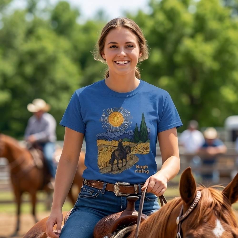 Woman riding a horse wearing a blue t-shirt with a graphic design. Gogh Riding T-Shirt for Horse Lovers, Horse Mom Shirt, Equestrian Wear, everyday barn wear, horse girl shirt, fathers day gift, mothers day